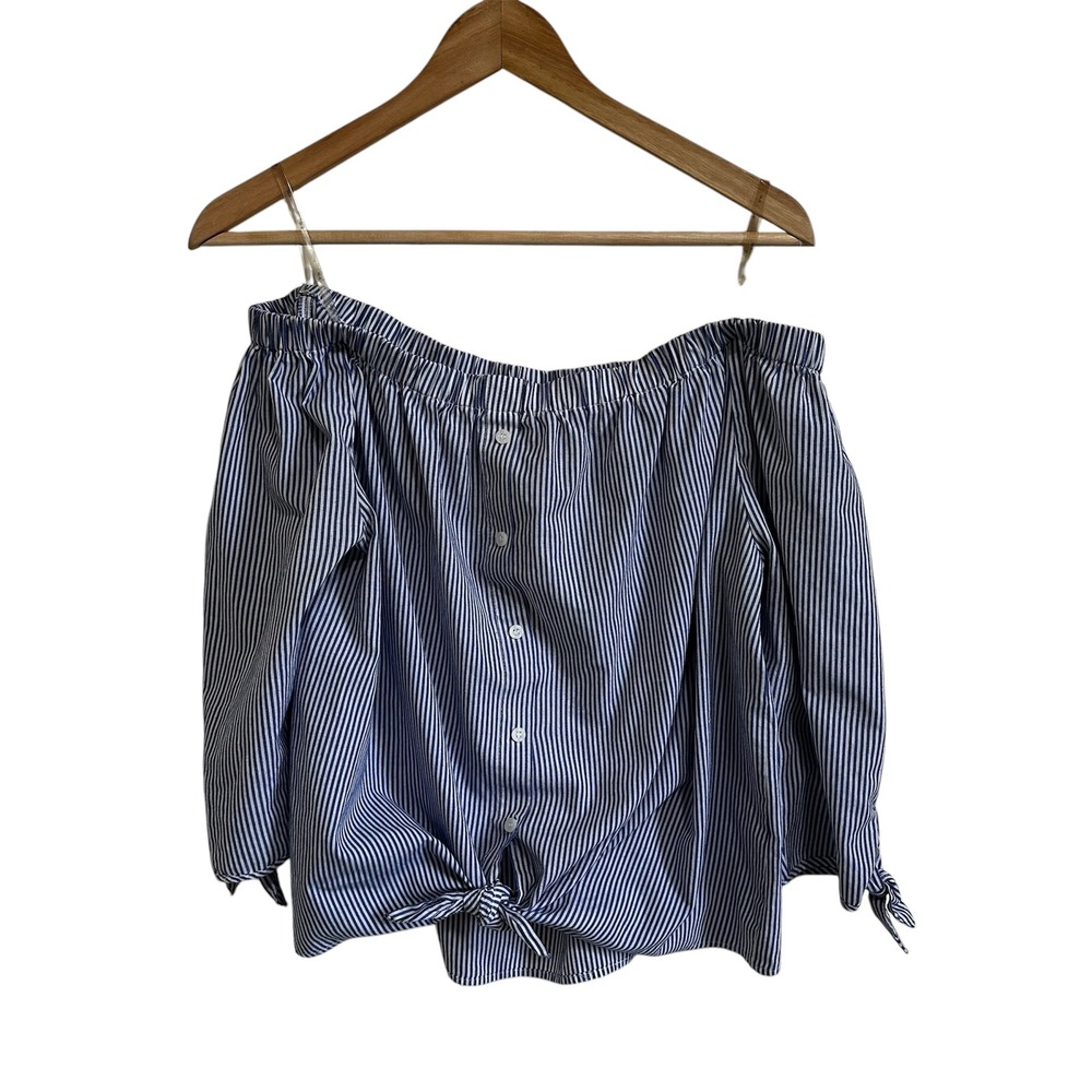 Iris Off‎ Shoulder Top Tie Front Striped Blouse Long Sleeve Blue White L